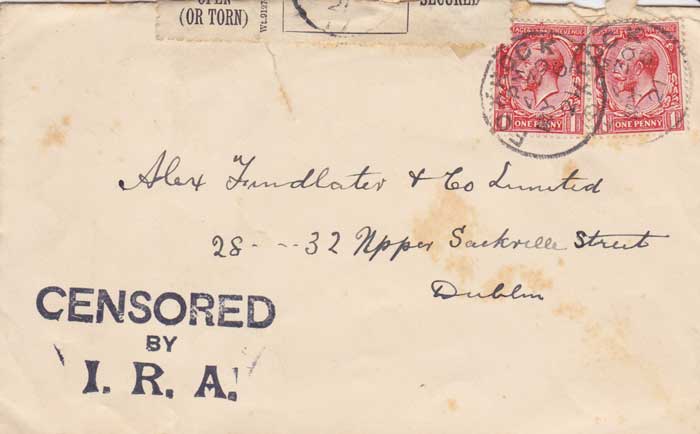 1921 (6 May and 21 July) and 1923 (20 January) envelopes with CENSORED BY IRA handstamps at Whyte's Auctions