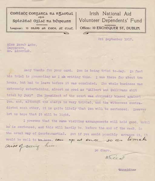 1917 (3 September) Michael Collins letter to Nora Ashe regarding her brother Thomas's trial at Whyte's Auctions