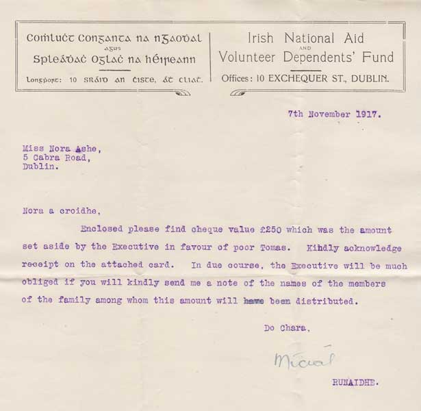 1917 (7 November) Michael Collins letter to Nora Ashe concerning a payment to the Ashe family at Whyte's Auctions