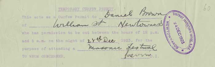 1923 (27 December) Temporary Curfew Permit issued at Newtownards at Whyte's Auctions
