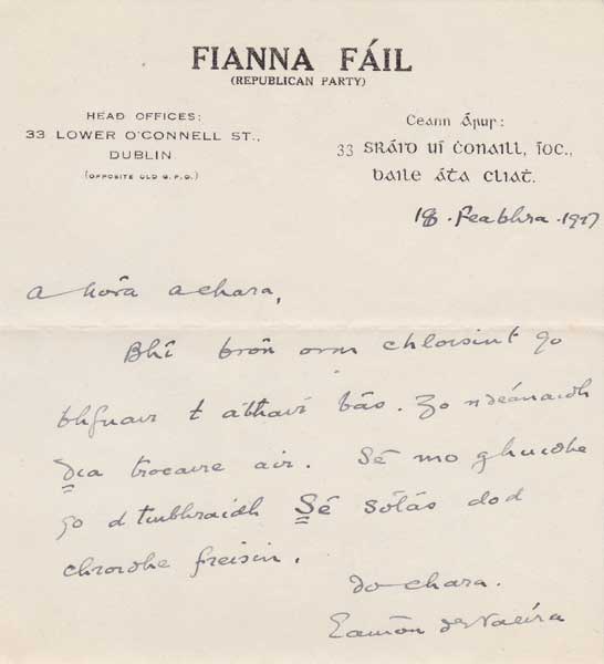 1927 (18 February) Eamon de Valera letter to Nora Ashe at Whyte's Auctions