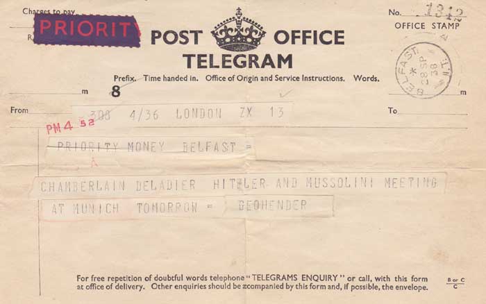 1938 (28 September) Telegram London to Belfast "Chamberlain Deladier Hiteler [sic] and Mussolini Meeting at Munich Tomorrow" at Whyte's Auctions