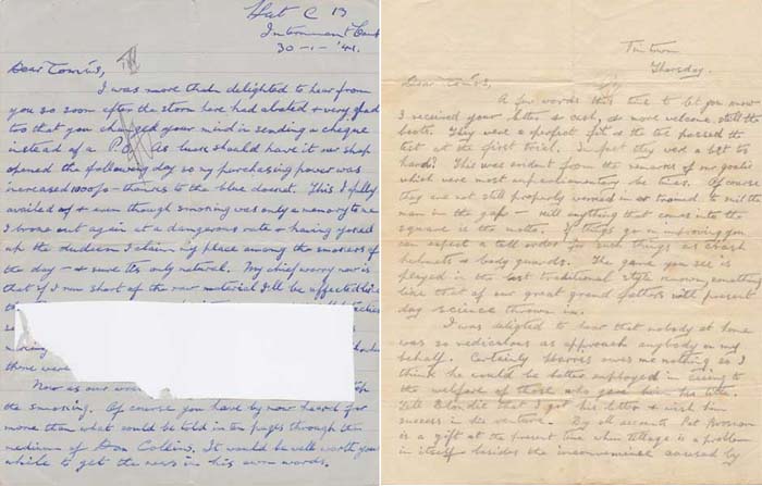 1941 (30 January and undated) two censored letters from an IRA internee in "Tintown" Curragh camp at Whyte's Auctions