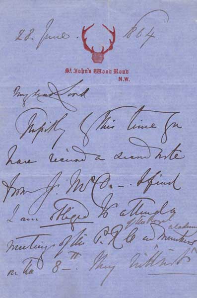 1864. Edward Landseer handwritten letter at Whyte's Auctions