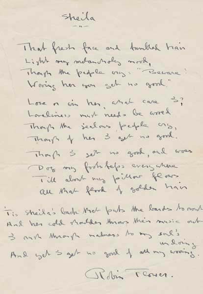 Original poem 'Sheila' handwritten by Robin (William) Flower (1881-1946) at Whyte's Auctions