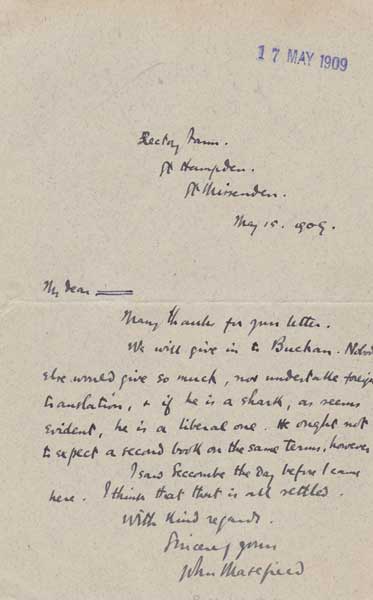1909 (May 17) John Masefield handwritten letter to his agent at Whyte's Auctions