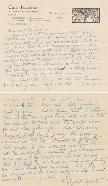 Elizabeth "Lolly" Yeats, sister of Jack and William Butler Yeats, handwritten letter at Whyte's Auctions