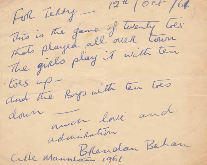 1961 (12 October) card handwritten by Brendan Behan at Whyte's Auctions