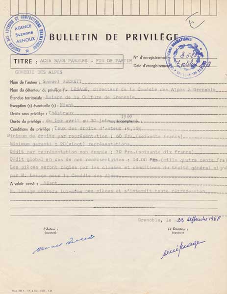 1968 (23 September) A licence to perform Endgame at a theatre in Grenoble, signed by Samuel Beckett at Whyte's Auctions