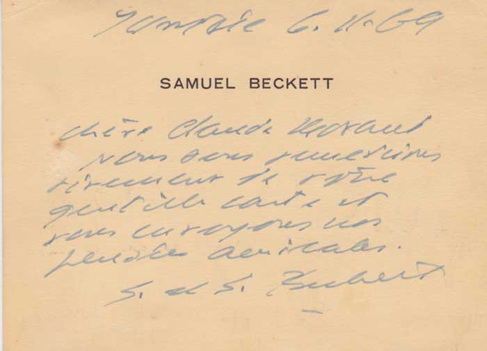 1969 (6 November) card with handwritten note by Samuel Beckett at Whyte's Auctions
