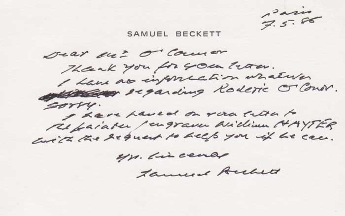 1986 (7 May) handwritten card by Samuel Beckett at Whyte's Auctions