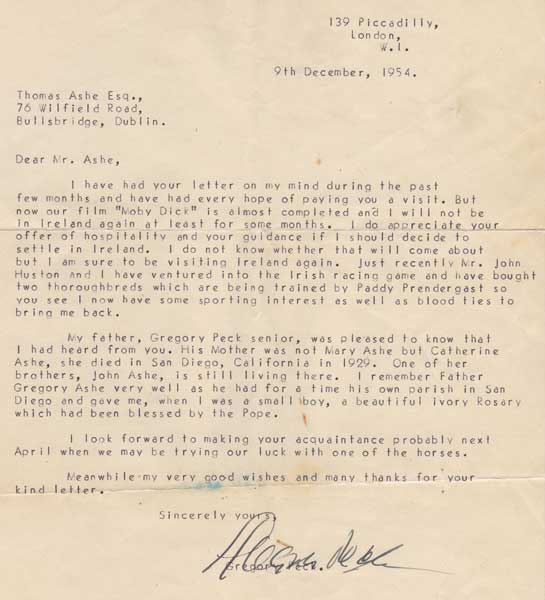 1954 (9 December) letter from Gregory Peck to Thomas Ashe at Whyte's Auctions