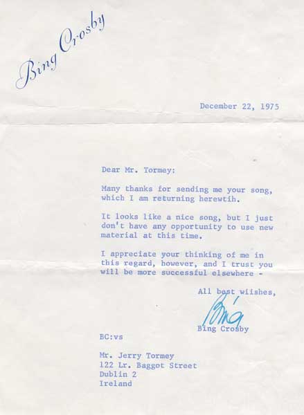 1975 (22 December) Bing Crosby signed letter to a Dublin songwriter at Whyte's Auctions