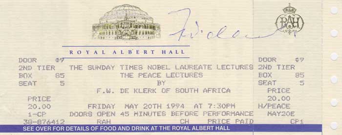 1994. FW de Klerk autograph on ticket to his Nobel Laureate lecture, London at Whyte's Auctions