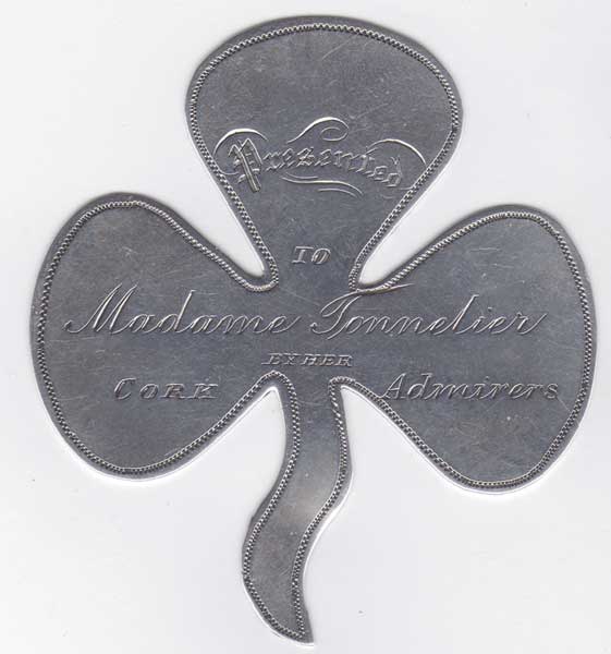 1877. A silver shamrock to Madame Tonnelier at the Theatre Royal, Dublin at Whyte's Auctions
