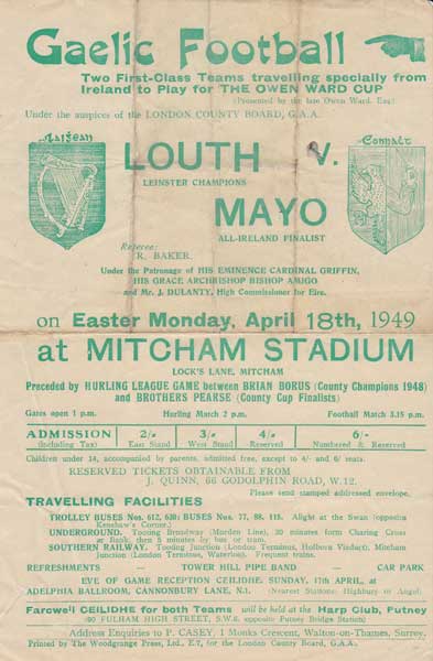 1949. Owen Ward Cup. Louth v. Mayo at Mitcham Stadium, London, leaflet at Whyte's Auctions