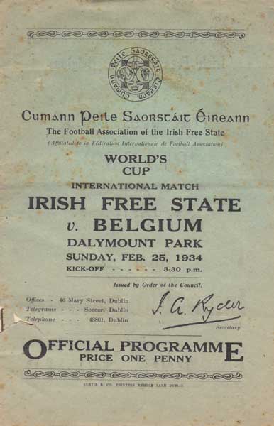 1934 Soccer Irish Free State v. Belgium Dalymount park programme at Whyte's Auctions