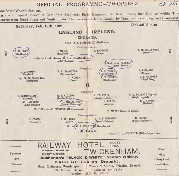 1921 (21 February). Rugby England v. Ireland, official programme at Whyte's Auctions