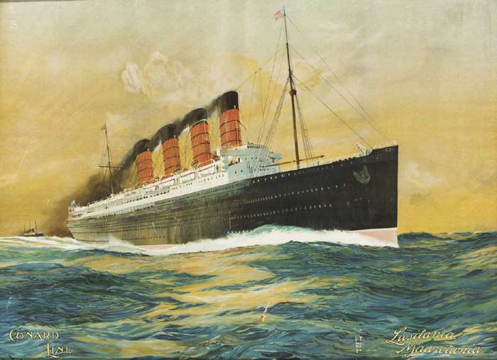 Circa 1910. Lusitania Mauritania Cunard Line poster at Whyte's Auctions