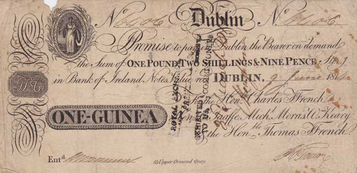 1814 (9 June) One Guinea promissory bank note by Ffrench, Taaffe, Morris & Keeny at Whyte's Auctions