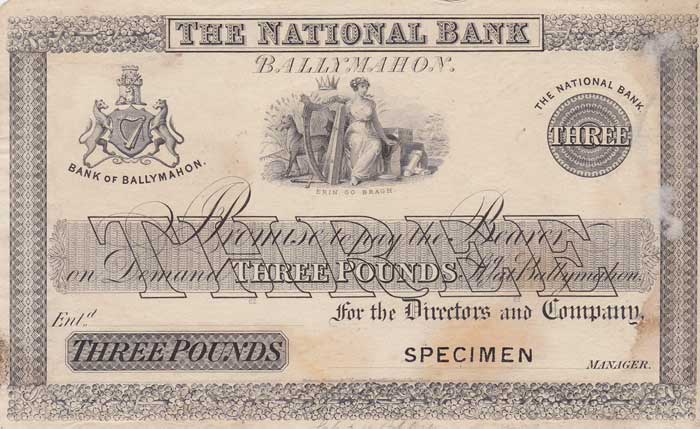 Circa 1860 The National Bank, Bank of Ballymahon Three Pounds banknote Specimen at Whyte's Auctions