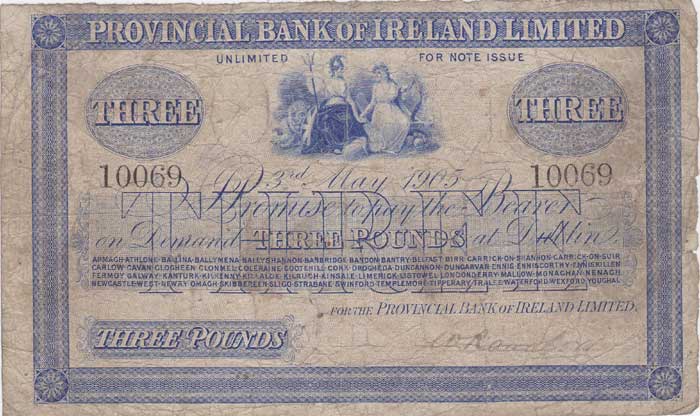 Provincial Bank of Ireland, Three Pounds, banknote, 3rd May 1905 at Whyte's Auctions