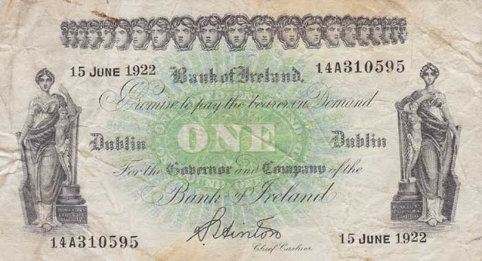 Bank of Ireland One Pound 15 June 1922 - scarce first issues during Provisional Government period at Whyte's Auctions