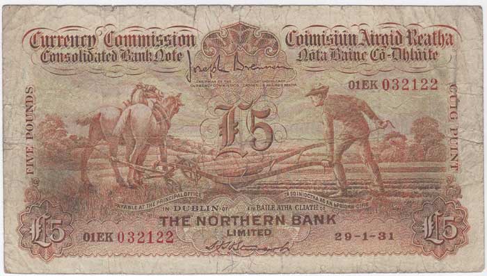 Currency Commission Consolidated Bank Note, Five Pounds, The Northern Bank, 29-1-31 at Whyte's Auctions