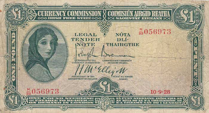 Currency Commission Irish Free State One Pound "Lady Lavery" One Pound Sterling, 10-9-28, first issue of this famous banknote at Whyte's Auctions