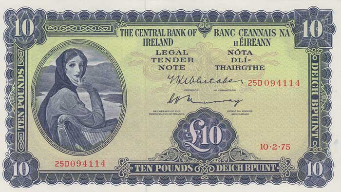 Central Bank of Ireland "Lady Lavery" Ten Pounds note, 10-2-75, a pair sequentially numbered at Whyte's Auctions