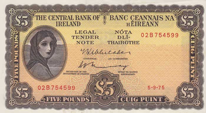 Central Bank of Ireland "Lady Lavery" Five Pounds 5-9-75, a pair sequentially numbered at Whyte's Auctions