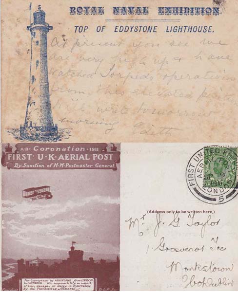1911. First UK aerial post envelope and 1891 Eddystone Lighthouse card, both to Dublin at Whyte's Auctions