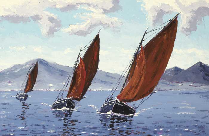 GALWAY HOOKERS SAILING IN ROUNDSTONE BAY, COUNTY GALWAY by Ivan Sutton sold for �3,200 at Whyte's Auctions