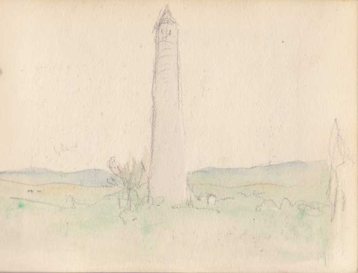 ROUNDTOWER WITH VIEW OF SURROUNDING LANDSCAPE by Jack Butler Yeats RHA (1871-1957) at Whyte's Auctions