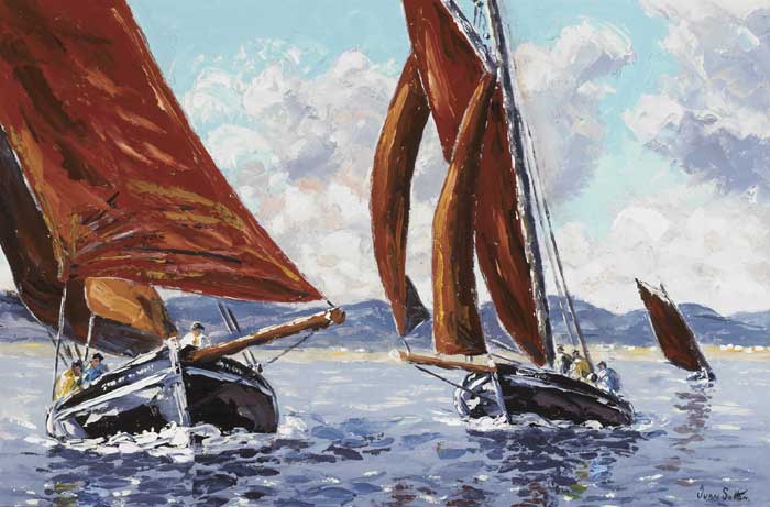 GALWAY HOOKERS ON PORT TACK IN ROUNDSTONE BAY, COUNTY GALWAY by Ivan Sutton (b.1944) at Whyte's Auctions