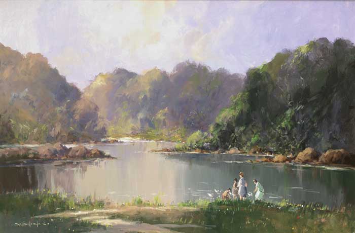 FEEDING THE DUCKS, RIVER LAGAN, COUNTY DOWN by George K. Gillespie RUA (1924-1995) at Whyte's Auctions