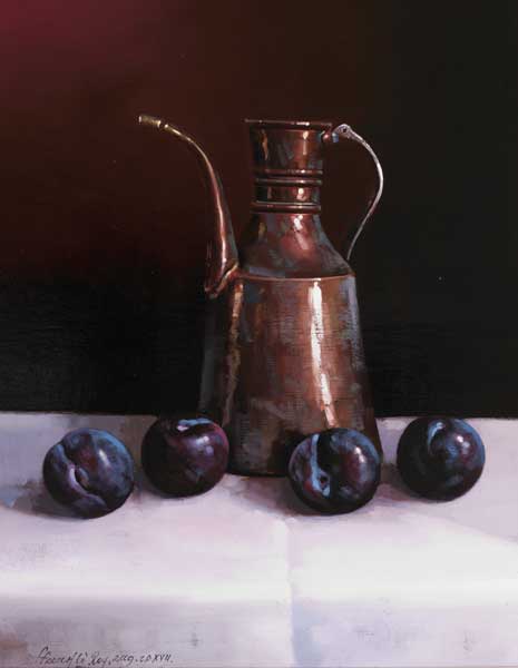STILL LIFE WITH COPPER OIL CAN AND PLUMS, 2009 by David Ffrench le Roy sold for �950 at Whyte's Auctions