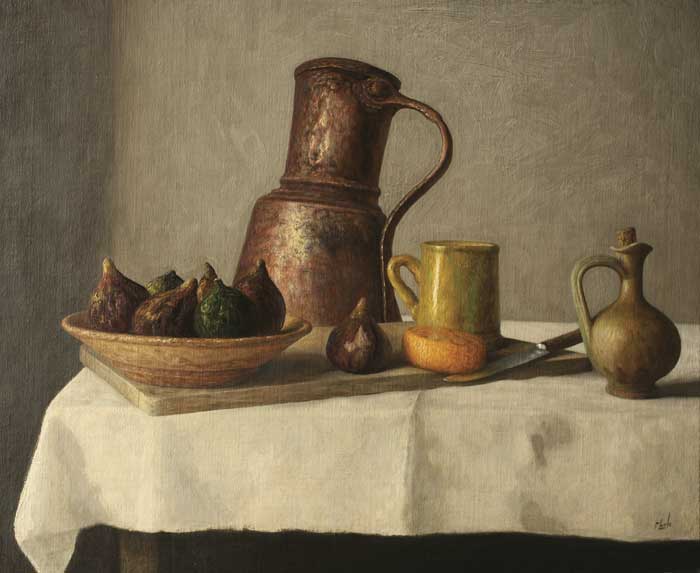 STILL LIFE WITH FIGS, CHEESE AND COPPER JUG by Stuart Morle sold for �1,700 at Whyte's Auctions