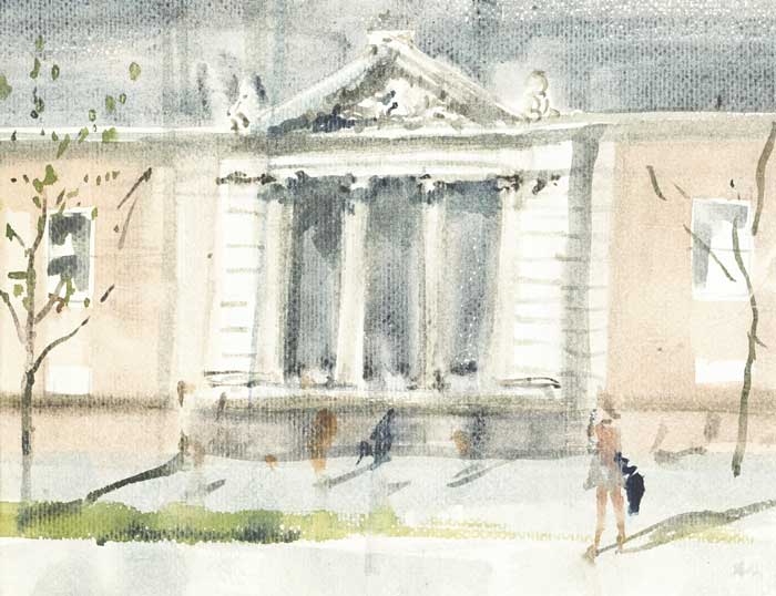 FIGURE BEFORE A CLASSICAL PORTICO by James le Jeune RHA (1910-1983) at Whyte's Auctions