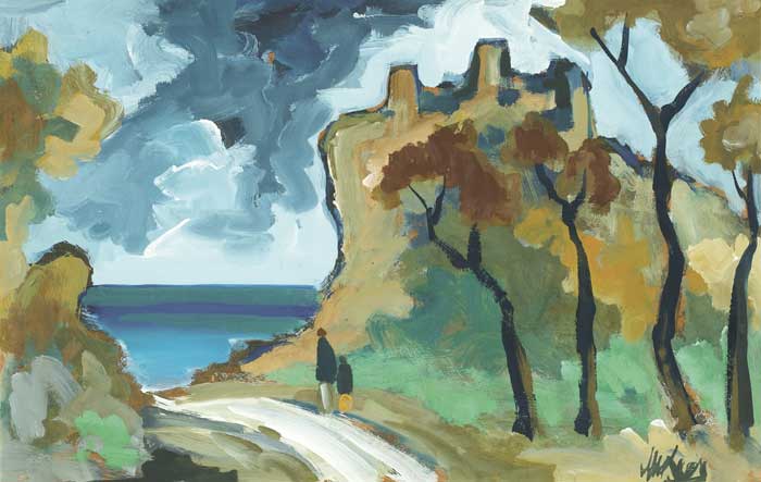 CASTLE BY THE SEA WITH TWO FIGURES by Markey Robinson (1918-1999) at Whyte's Auctions