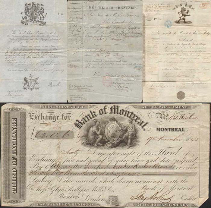 1839-1844. Collection of ephemera including passports, tickets, bill of exchange etc. at Whyte's Auctions