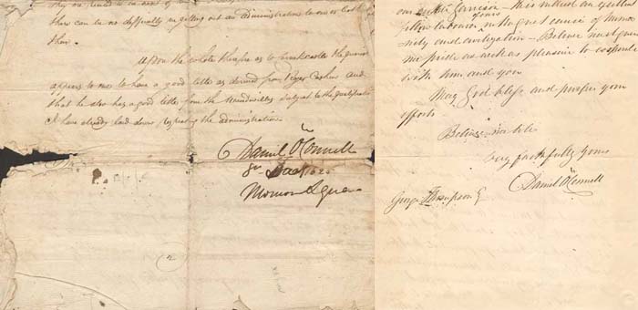 1825 (8 October) Daniel O'Connell signature on a legal opinion and 1846 (24 July) letter to George Thompson at Whyte's Auctions