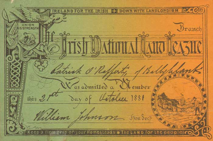 1881. The Irish National Land League Membership Card at Whyte's Auctions