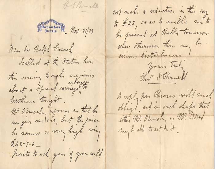 1879 (21 November) handwritten letter by Charles Stewart Parnell at Whyte's Auctions