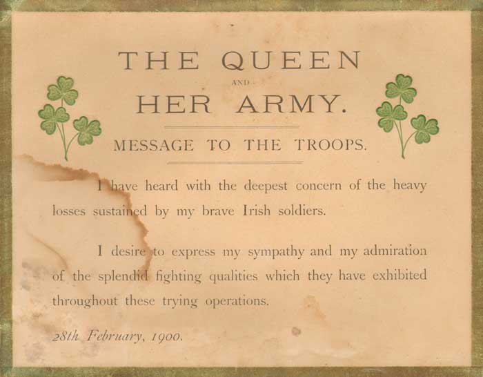 1900 Queen Victoria's Message to "my brave Irish soldiers" in the Boer War and other items at Whyte's Auctions