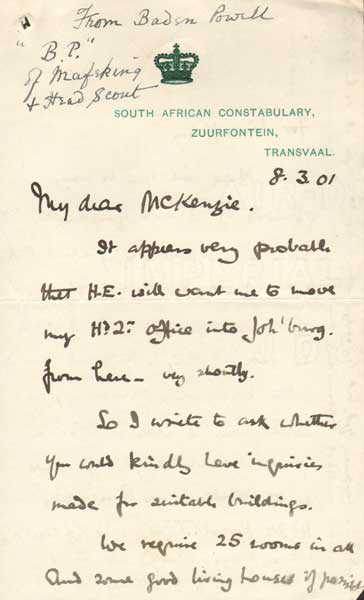 Robert Baden-Powell (1857-1941) letter to a fellow officer, 1901 at Whyte's Auctions