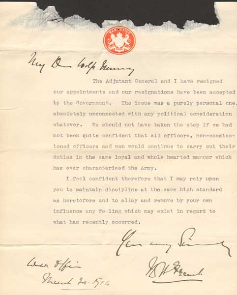 1914 (20 March) The Curragh Mutiny - letter from General Sir John French to General James Wolfe Murray at Whyte's Auctions