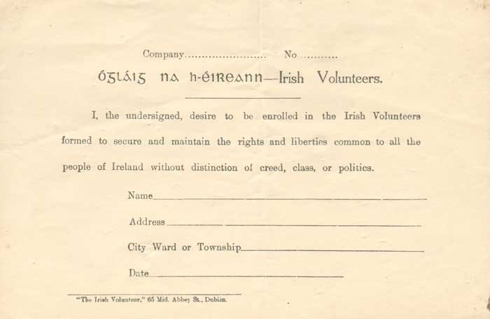 Circa 1914. Irish Volunteers - Application for Enrollment Form at Whyte's Auctions