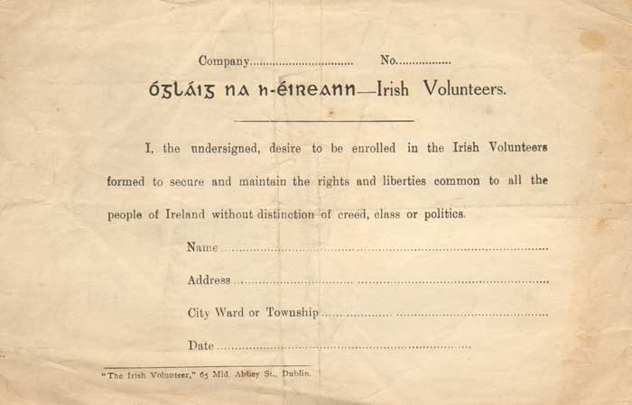 1914. Irish Volunteers Application to enrol form at Whyte's Auctions