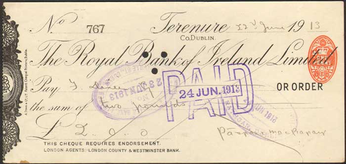 1913 (22 June) Padraig Pearse signed cheque to F. Dineen at Whyte's Auctions
